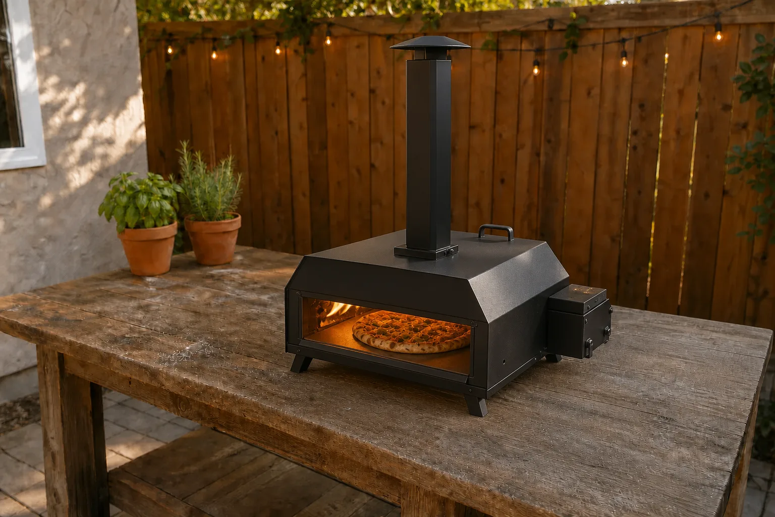 Editorial image representing BIG HORN Outdoor Wood Pellet Pizza Oven in use